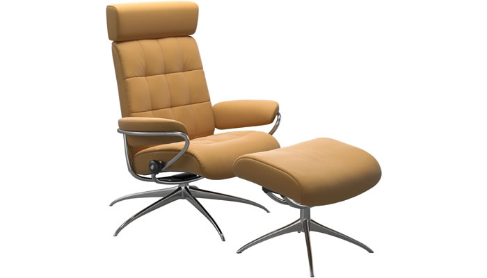 Stressless London Adjustable Headrest with Stool in Paloma Honey Leather